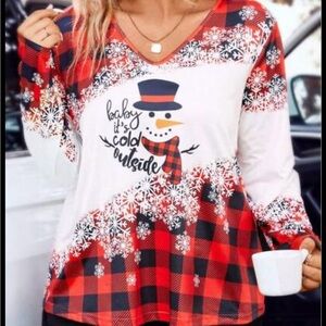 Festive women's Red Plaid Snowman Blouse 4XL Preowned Plus Size 4XL